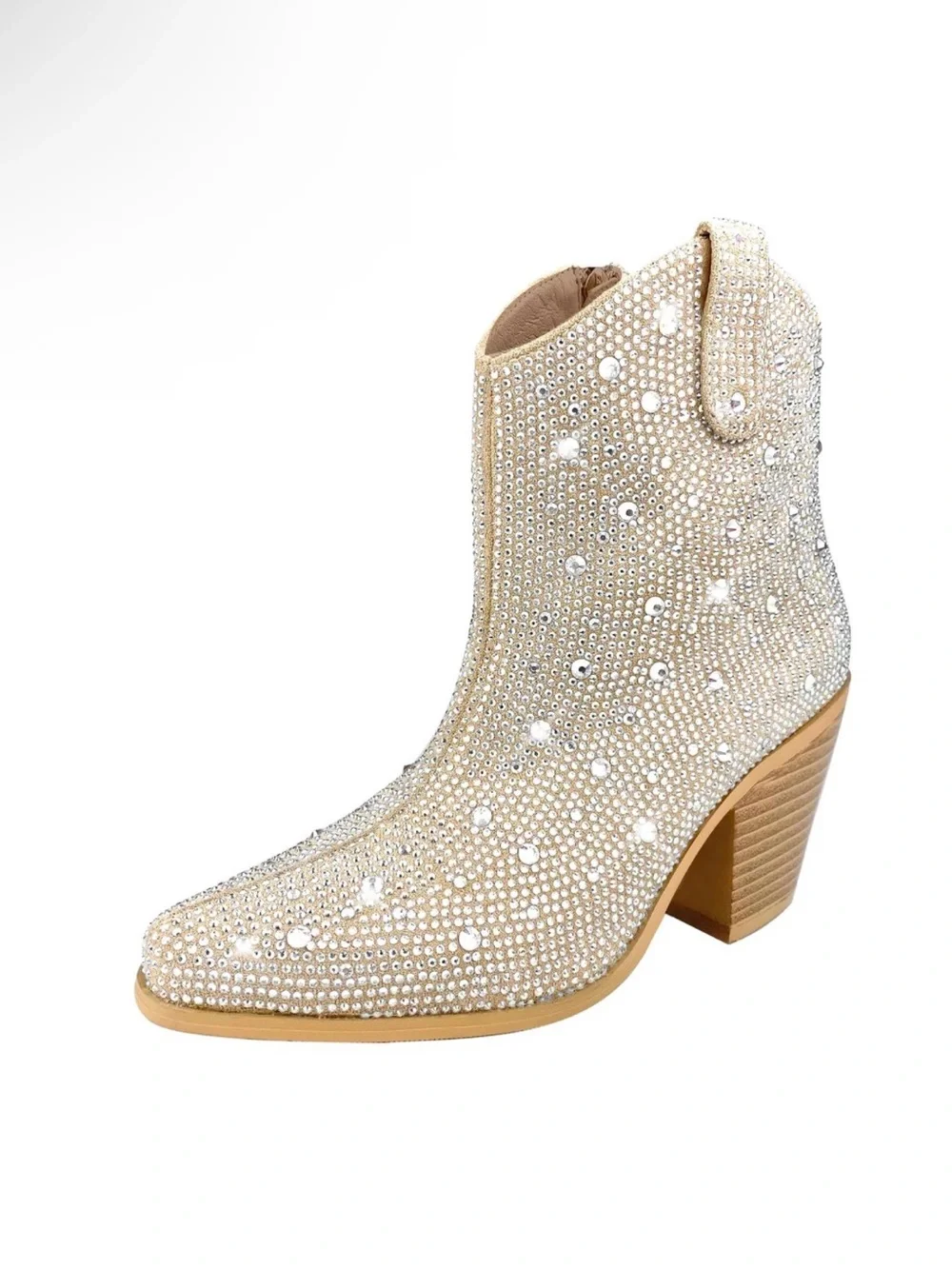 Embellished Champagne Ankle Bootie with Block Heel